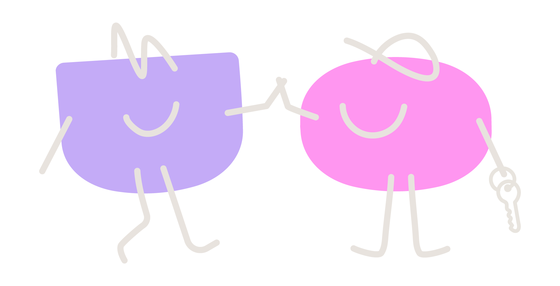 Two Duality characters greeting each other, one holding car keys