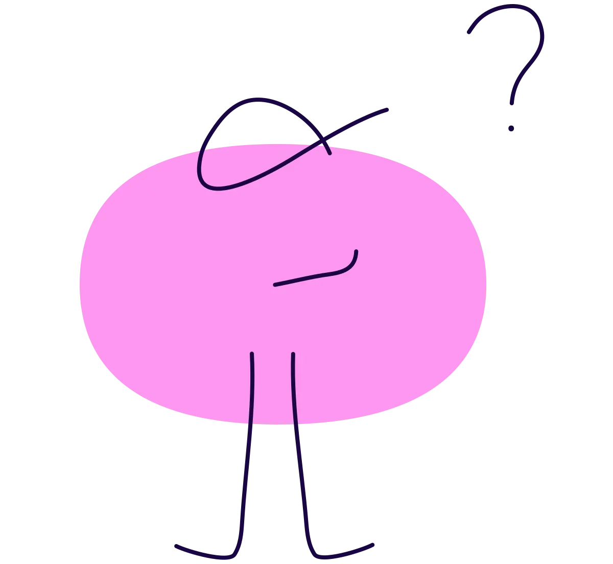 A pink Duality character scratching its head beside a question mark