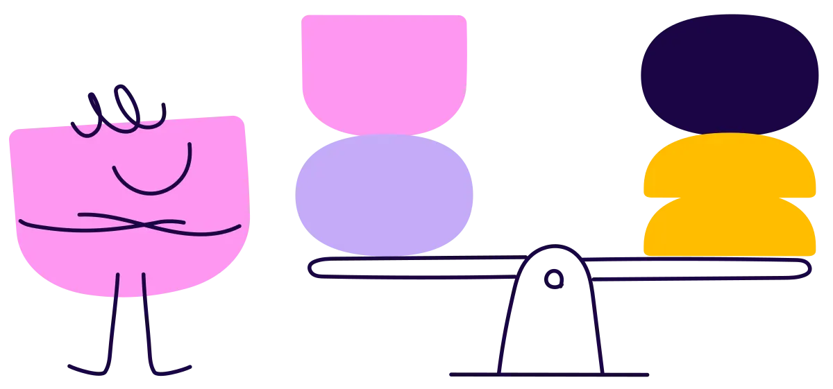 A pink character beside a seesaw, balancing coloured shapes on each side
