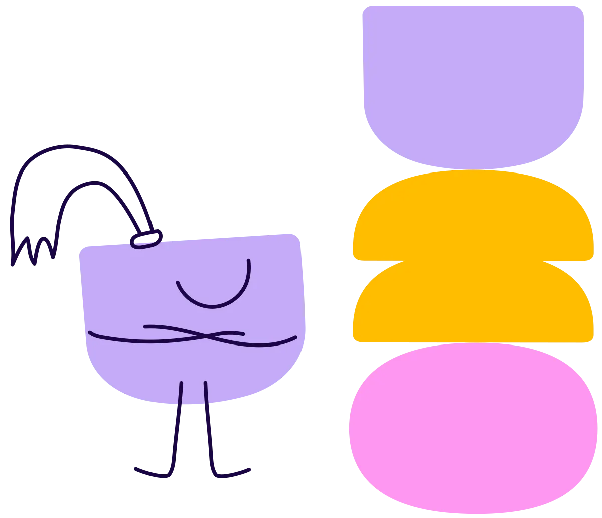 A lilac character with arms folded, beside a stack of lilac, yellow and pink shapes