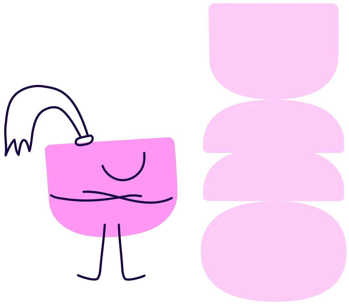 A pink character with arms folded, beside a tall stack of pink shapes