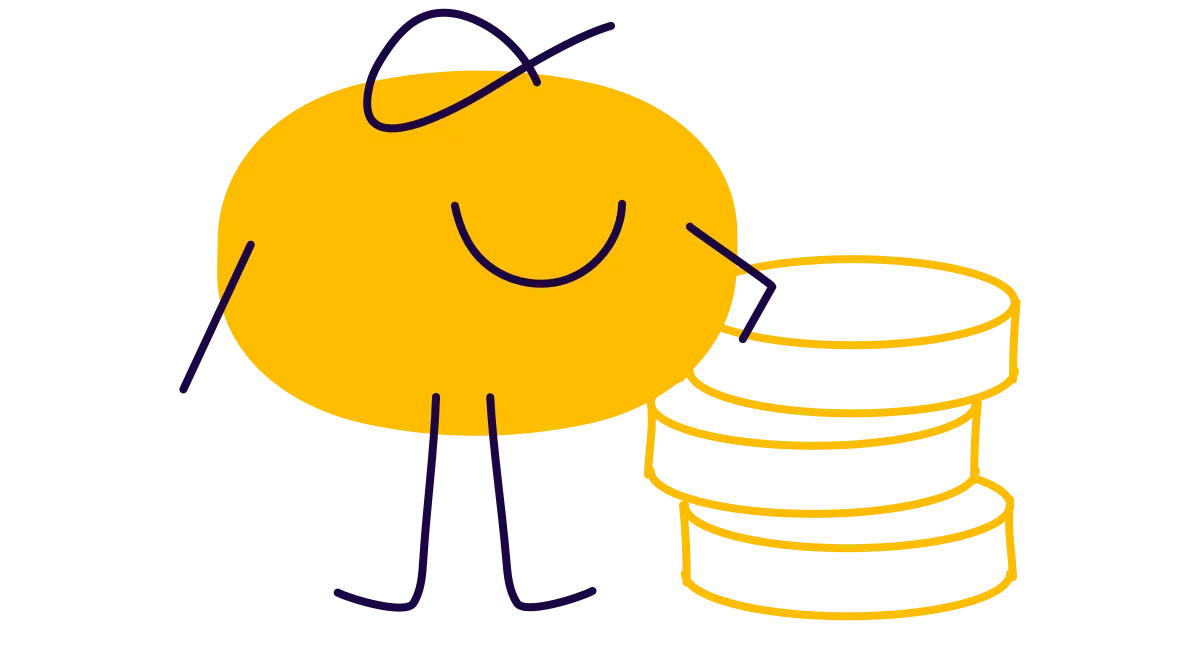 A yellow character in a cap leaning on a stack of coins