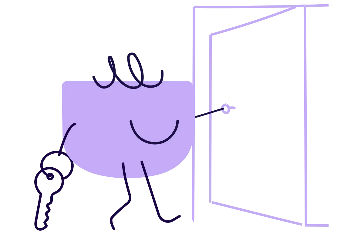A lilac character holding a key, opening a door