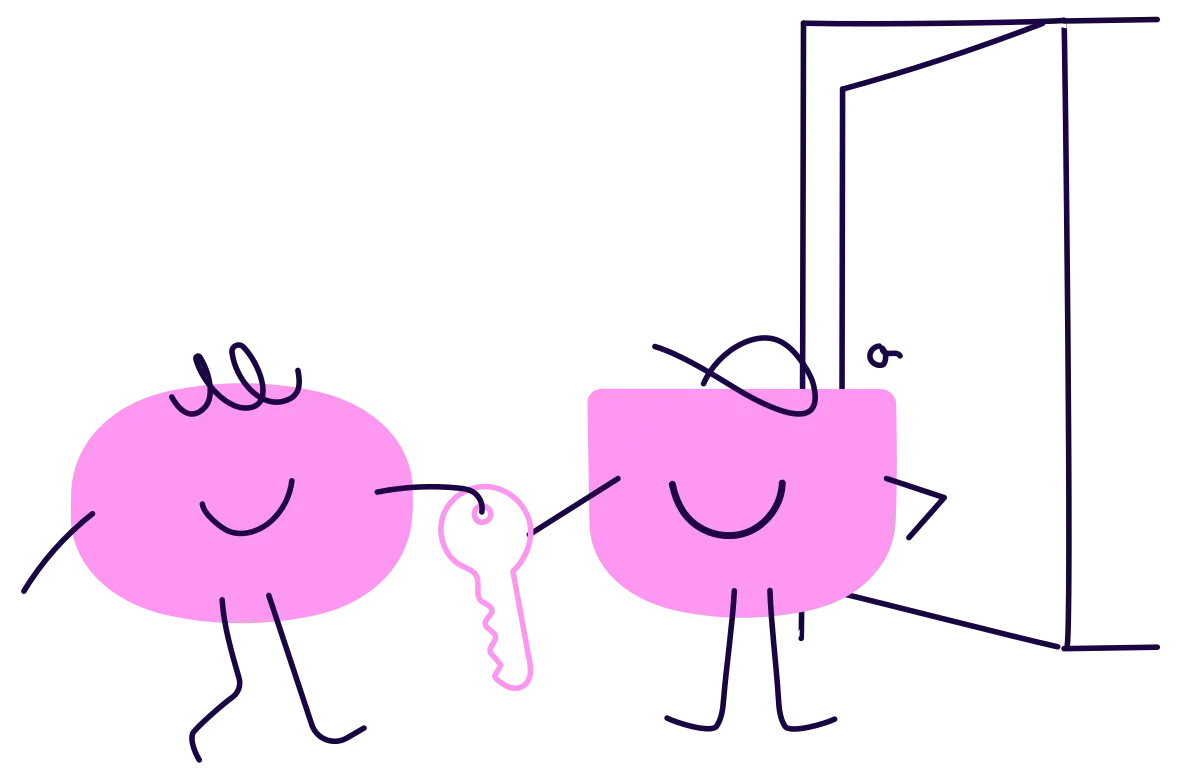 One pink character handing a key to another beside an open door