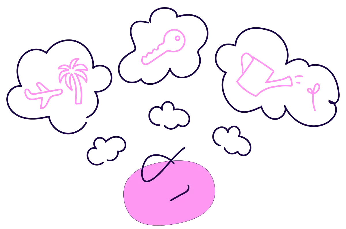 A pink character surrounded by thought bubbles of travel, a key and a watering can