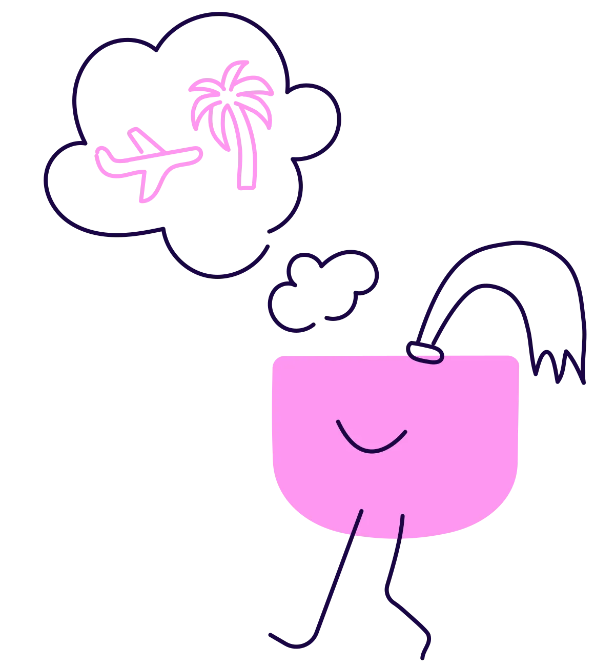 A pink character daydreaming about a holiday in a thought bubble