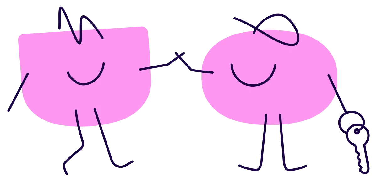 Two pink characters greeting each other, one holding car keys