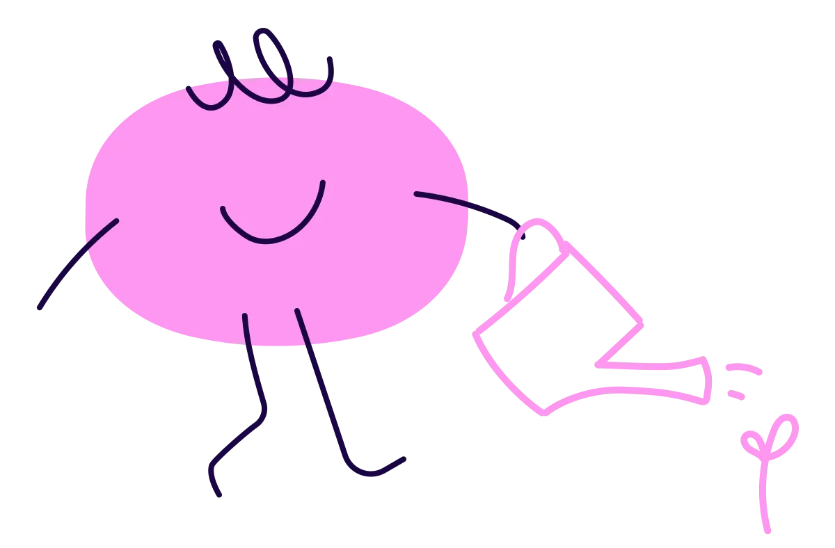 A pink character watering a small sprout